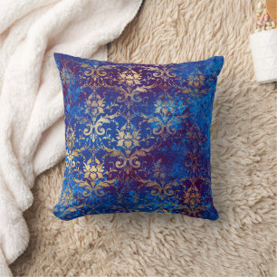 Coussin Élégant damas bleu marine or vintage