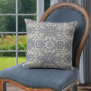 Coussin Élégant Damas Italianate en bleu ardoise et crème