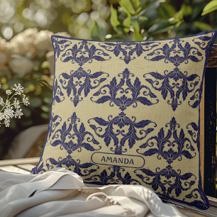 Coussin Élégant damas vintage bleu marine monogramme jaune