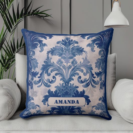 Coussin Élégant damassé Bleu toile de jouy monogramme