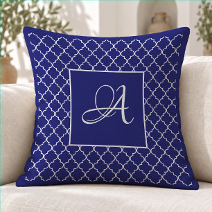 Coussin Élégant Damassé de Monogramme Marocain Bleu Nuit