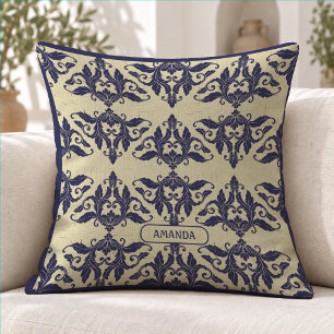 Coussin Élégant Damassé Monogramme Bleu Nuit Jaune Vintage