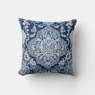 Coussin Élégant dentelle florale vintage bleu et blanc