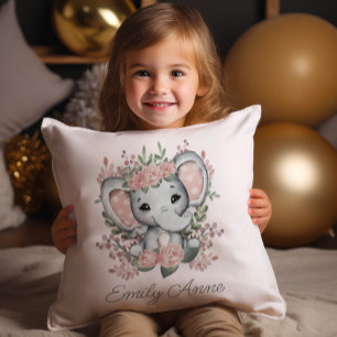 Coussin Élégant Éléphant Floral Rose Enfant Prénom
