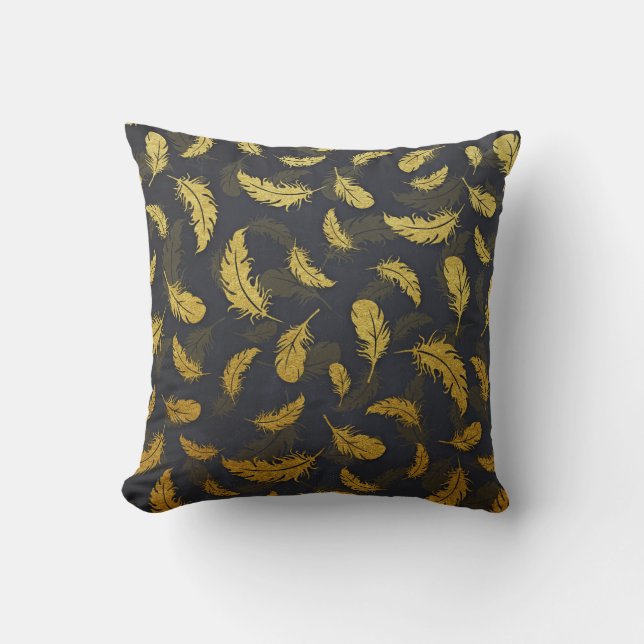 Coussin Élégant Et Chic Motif De Plumes Noir Et Or (Recto)