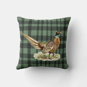 Coussin Élégant Faisan Vintage sur Carreaux Verts