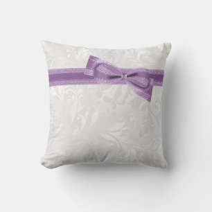 Coussin Élégant Faux Nœud Papillon & Ruban & Damassé Viole