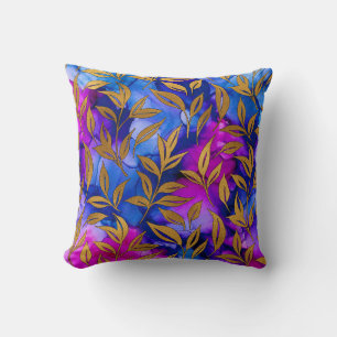 Coussin Élégant Feuilles d'or exotique Abstrait violet ble