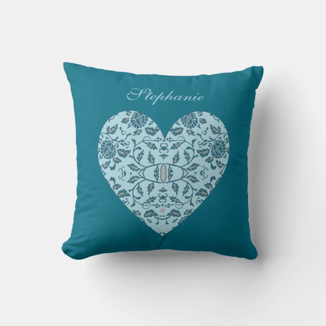 Coussin Elégant Fleur Turquoise Damas Coeur (Recto)