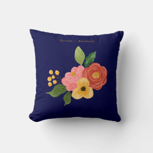 Coussin Élégant Fleurs Bleu Nuit Mariage Personnalisé