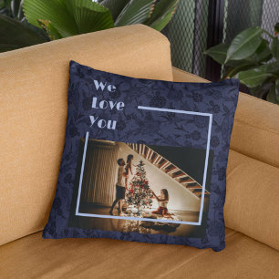 Coussin Élégant Floral Custom Family Photo Texte Bleu