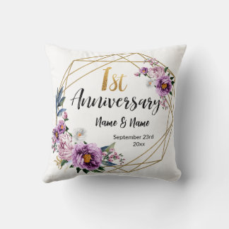Coussin Élégant floral doré 1re année d'anniversaire