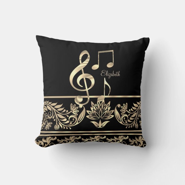 Coussin Élégant floral doré, clé de violon, note (Recto)