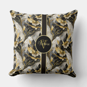 Coussin Élégant floral japonais or et noir marbré