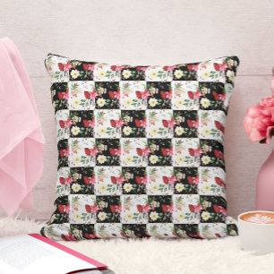 Coussin Élégant floral rose sur damier noir et blanc
