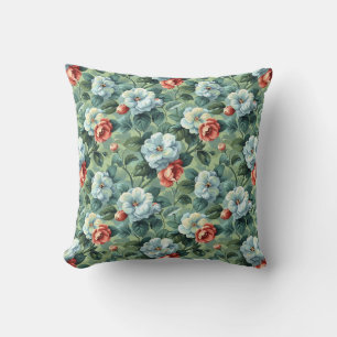 Coussin Élégant floral vintage bleu et corail