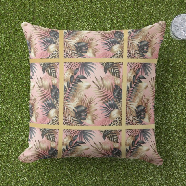 Coussin Elegant Gold, Pink and Black Jungle Leaf Pattern (Herbe)