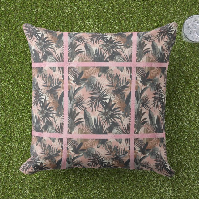 Coussin Elegant Gold, Pink and Black Jungle Leaf Pattern (Herbe)