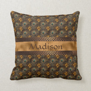 Coussin Elegant Gold Turquoise Peacock Nom personnalisé