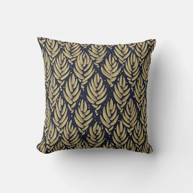 Coussin Elegant Golden Leaf Navy Pattern Throw Pillow (Recto)