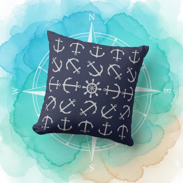 Coussin Elégant gris argenté sur bleu marine Ancre d'impre (Stylish nautical throw pillow! ⚓)