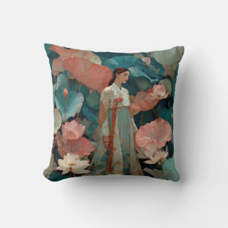 Coussin Elegant Hanbok Woman in Pink Lotus Garden