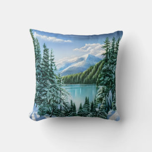 Coussin Élégant Hiver Montagne Lac Pine Trees Nature