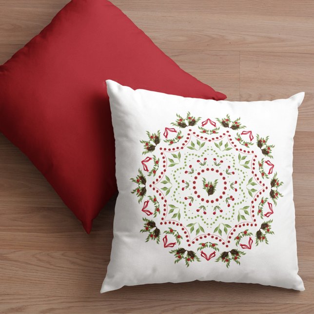 Coussin Elégant Holly Pinecone vacances Mandala Noël (Christmas simple holiday wreath mandala decorative throw pillow)