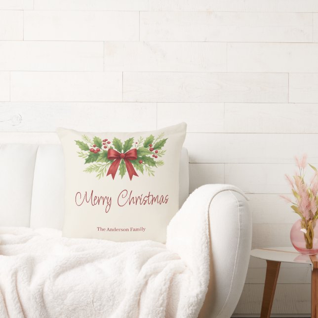 Coussin Elegant Holly & Red Bow Noël - (Canapé)