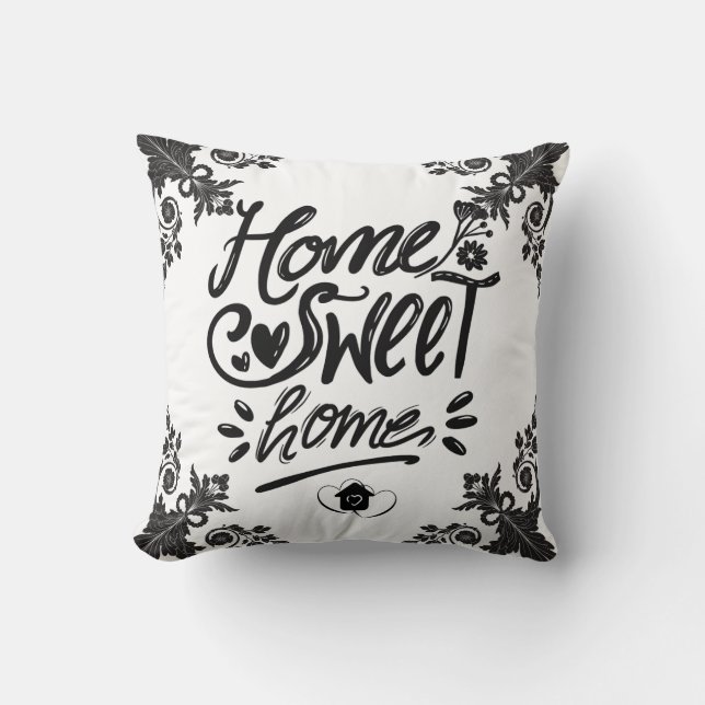 Coussin Elégant "Home Sweet Home" Noir & Blanc Décoratif (Recto)