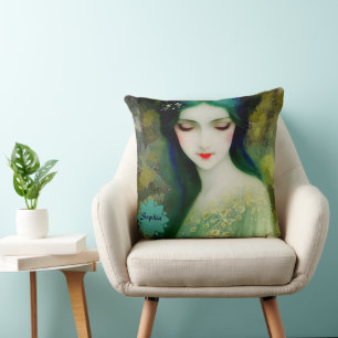Coussin Élégant Imaginaire Portrait femme en vert et bleu