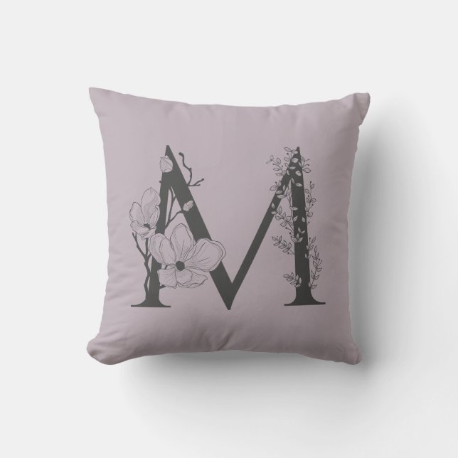 Coussin Élégant M Boho Floral Monogramme initial Lilac Gre (Recto)
