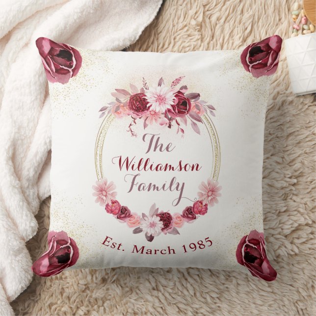 Coussin Élégant Magenta Rose Floral Monogramme Script (Couverture)