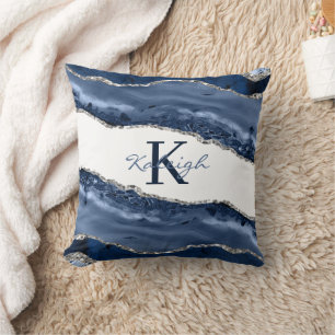 Coussin Élégant Marbre Bleu Marine Paillettes Argent Monog