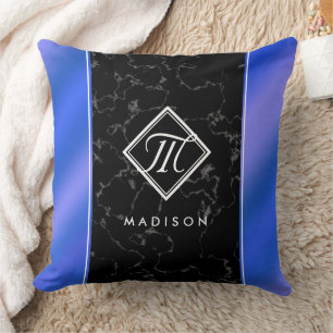 Coussin Élégant marbre noir et monogramme Royal Blue Foil