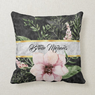 Coussin Élégant Marbre Noir Rose Floral Avec Nom