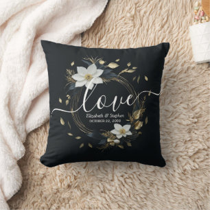 Coussin Élégant Mariage de couronnes florales noir blanc e
