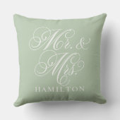 Coussin Élégant Mariage Script Mr et Mrs Vert Sauge (Verso)