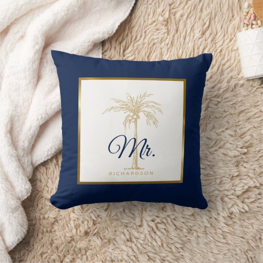 Coussin Elégant Marine Blue Gold Palm Tree Mariage M. (Couverture)