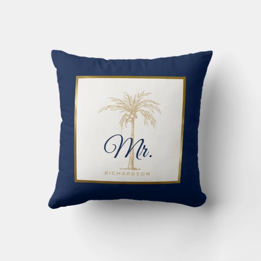 Coussin Elégant Marine Blue Gold Palm Tree Mariage M. (Verso)