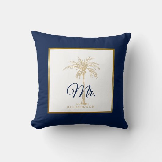 Coussin Elégant Marine Blue Gold Palm Tree Mariage M. (Recto)