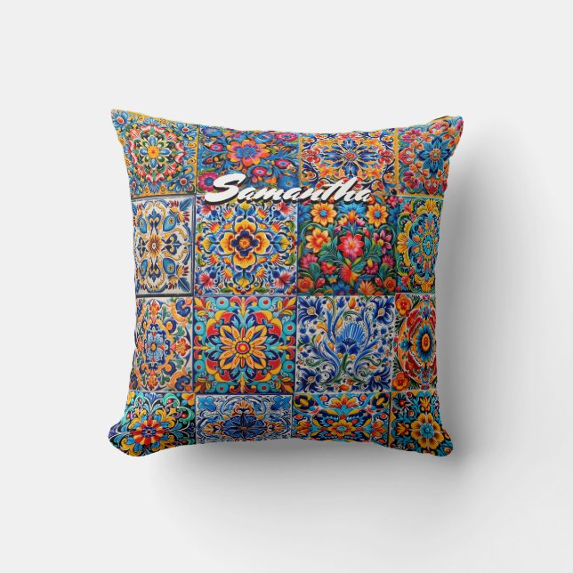 Coussin Élégant mexicain talavera rouge carreaux jaune mon (Recto)