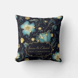 Coussin Élégant Midnight Blue & Gold Floral Personnalisé