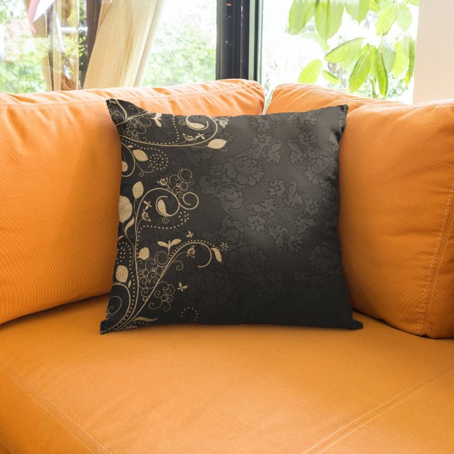 Coussin Élégant modèle de floraison noir or (Créateur téléchargé)
