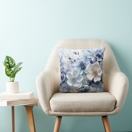 Coussin Élégant Moderne Fleur Botanique Bleu Blanc (Chaise)