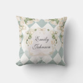 Coussin Élégant Monogram Roses Blanches Feuilles Vertes Di (Recto)