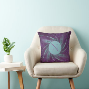Coussin Élégant monogramme Abstrait pourpre spiral Turquoi