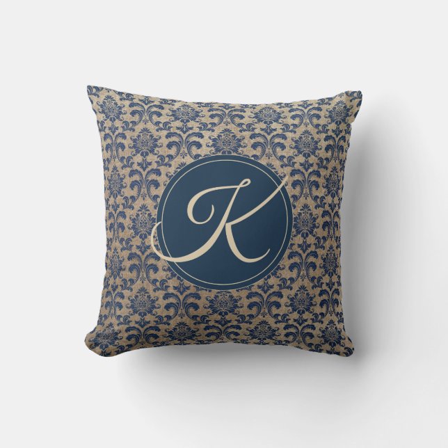 Coussin Élégant Monogramme Beige et Bleu Damassé (Recto)