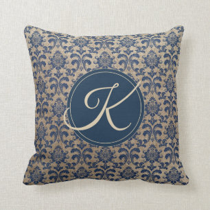 Coussin Élégant Monogramme Beige et Bleu Damassé