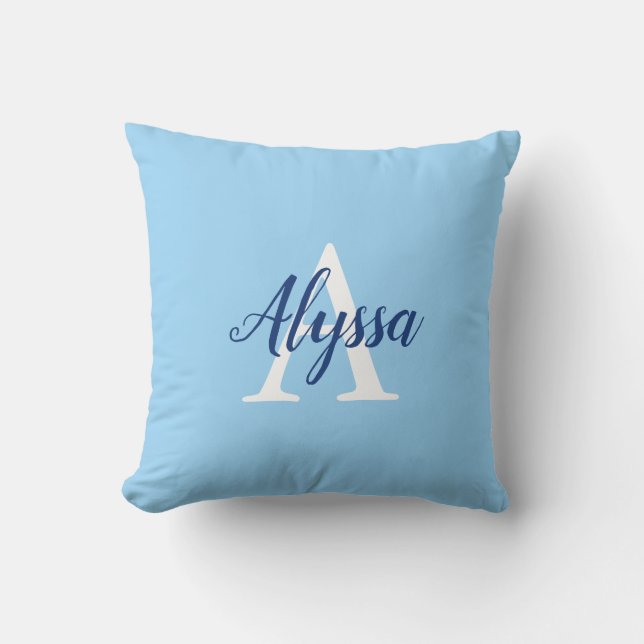 Coussin Élégant Monogramme Bleu Bleu Script Lancer Oreille (Recto)